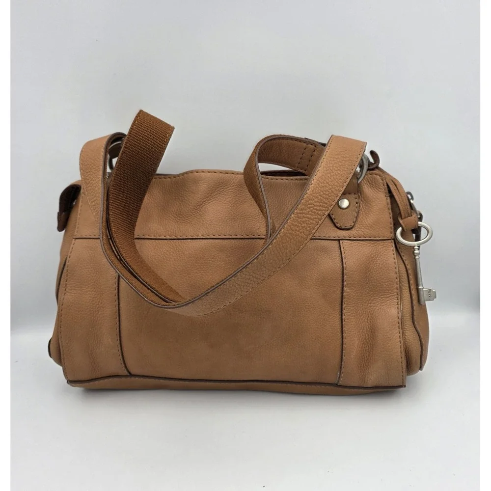 Vtg Fossil Maddox Tan Beige Leather Satchel Purse Bag Top Handles Lg. Key Charm